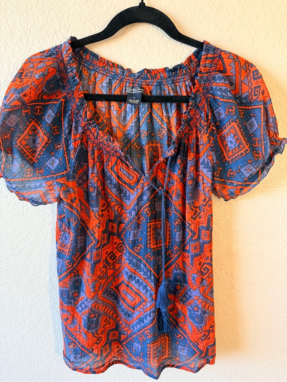 Lucky Brand Blue & Orange Boho Peasant Blouse